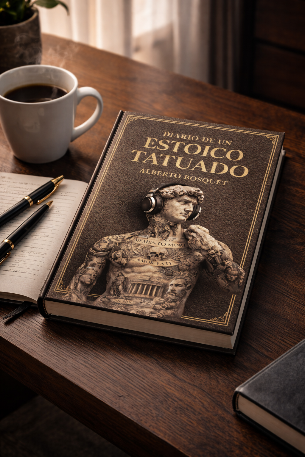 Libro Diario de un estoico tatuado sobre una mesa junto a un café