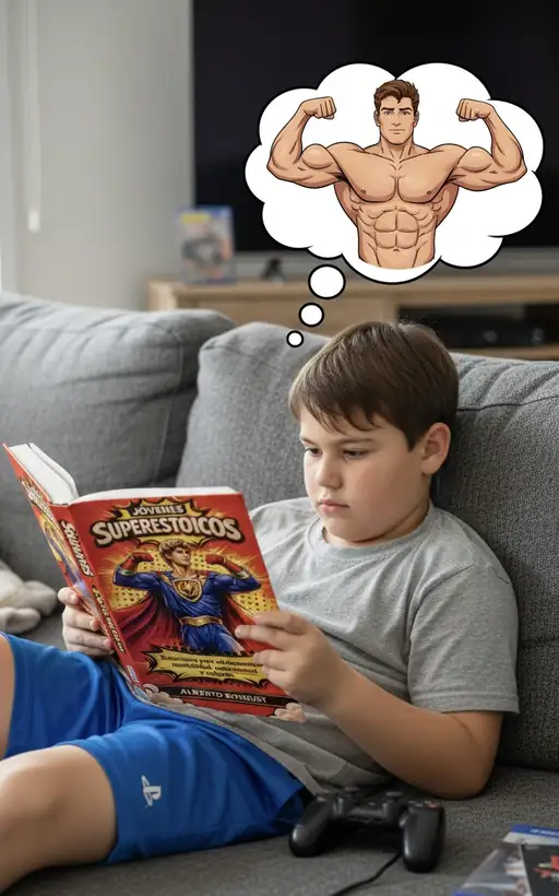 Chico leyendo Jóvenes Súper Estoicos en el sofá e imaginándose fuerte